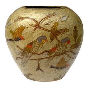 Vintage Brass and Enamel Cloisonné Flat Vase Birds 5.5” Tall x 5” Long. x 2” Wid
